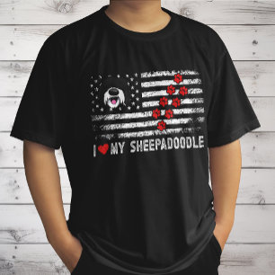 I Love My Sheepadoodle Cute Dog Owner Gift US Flag T-Shirt