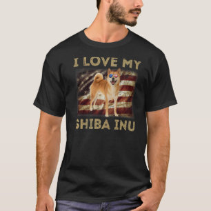 I Love My Shiba Inu Dad Mum American Flag Weiner D T-Shirt