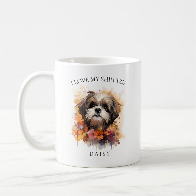 I Love My Shih Tzu Floral Dog Portrait Coffee Mug (Left)