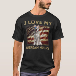 I Love My Siberian Husky Dad Mum American Flag Wei T-Shirt