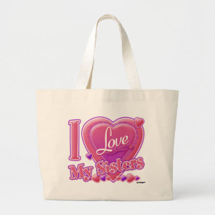 I Love My Sisters pink/purple - heart Large Tote Bag