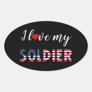 I love my Soldier, Heart American Flag Typography Oval Sticker