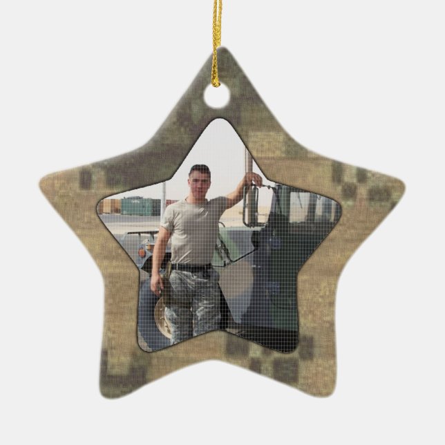 I Love My Soldier Military Personalised Photo Camo Ceramic Tree Decoration (Front)