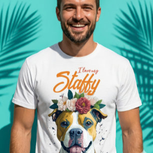 I Love My Staffy Pitbull Flower Crown Dog Lover T-Shirt