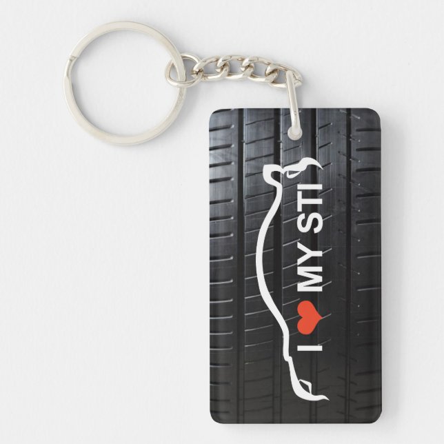 I Love My STI white silhouette with tire tread Key Ring (Front)