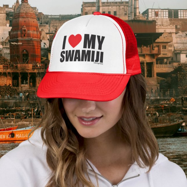 I Love My Swamiji - Spiritual Yoga Trucker Hat (Woman in Red Trucker Hat that says "I Love My Swamiji" with red heart, background India scene)