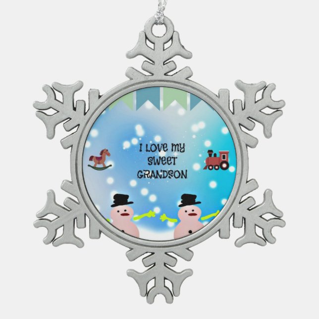 I Love My Sweet Grandson Snowflake Pewter Christmas Ornament (Front)