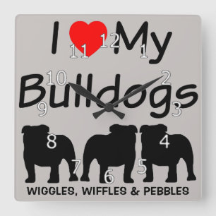 I Love My THREE Bulldogs Square Wall Clock