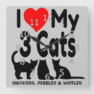 I Love My Three Cats Square Wall Clock