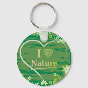 I Love Nature Heart Text and Flowers - Green Key Ring