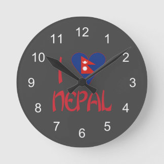 I Love (Nepali Heart Flag) Nepal Charcoal Black Round Clock