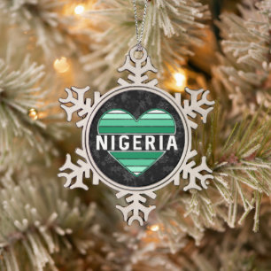 I Love Nigeria, Nigerian Heart Snowflake Pewter Christmas Ornament