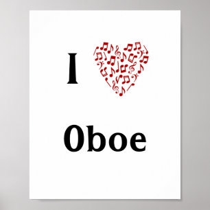 I Love Oboe Red Heart of Music Notes Poster