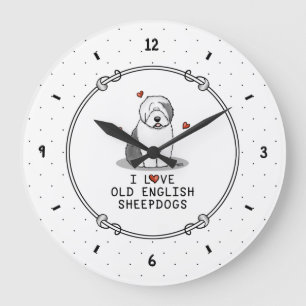 I Love Old English Sheepdogs (Grey 1) Cute OES Large Clock