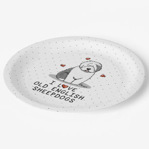 I Love Old English Sheepdogs (Grey 1) Cute OES Paper Plate