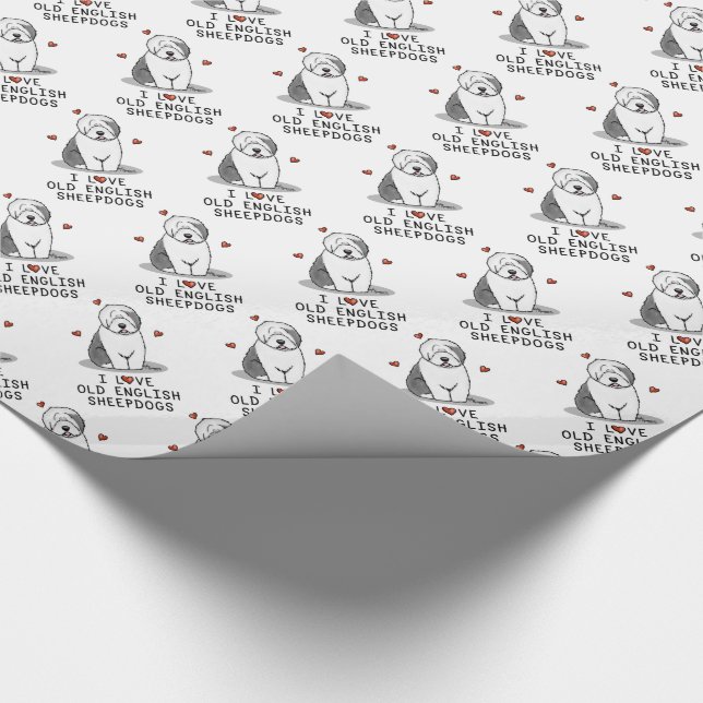 I Love Old English Sheepdogs (Grey 1) Cute OES Wrapping Paper (Corner)