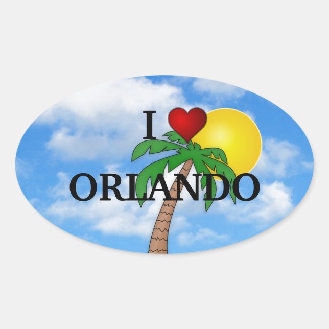 I LOVE ORLANDO - PALM TREE AND SUNSHINE OVAL STICKER (Front)