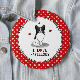 I Love Papillons (white & black) Hearts Dogs Cute 6 Cm Round Badge