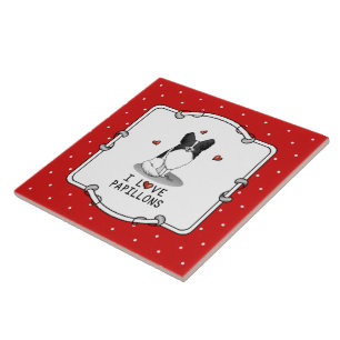 I Love Papillons (white & black) Hearts Dogs Cute Ceramic Tile