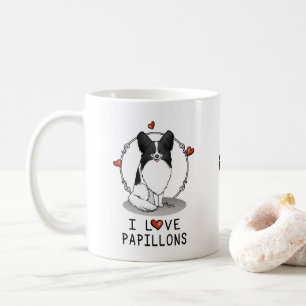 I Love Papillons (white & black) Hearts Dogs Cute Coffee Mug
