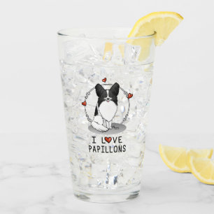 I Love Papillons (white & black) Hearts Dogs Cute Glass