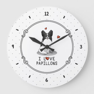 I Love Papillons (white & black) Hearts Dogs Cute Large Clock
