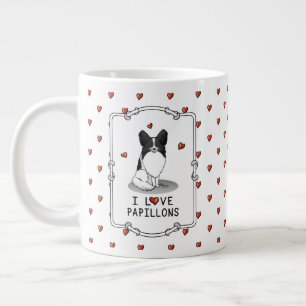 I Love Papillons (white & black) Hearts Dogs Cute Large Coffee Mug