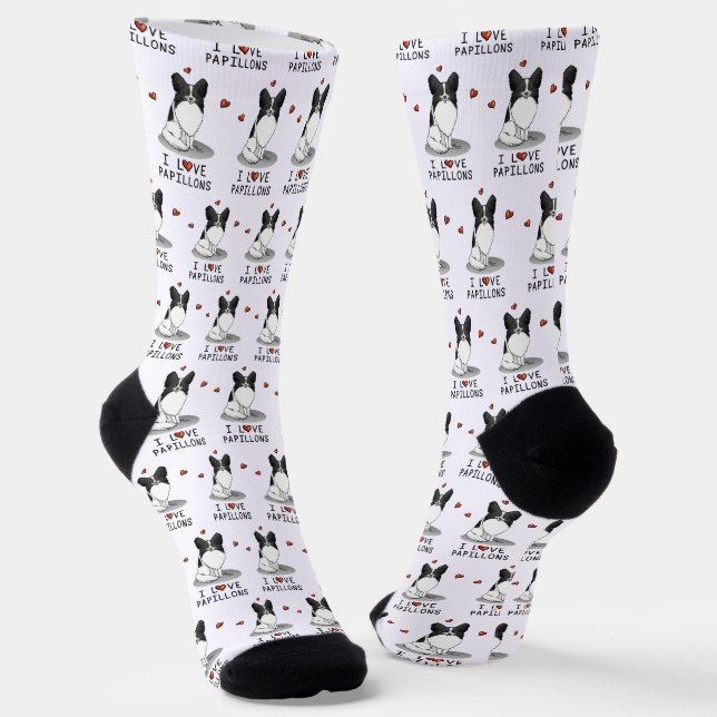 I Love Papillons (white & black) Hearts Dogs Cute Socks (Angled)