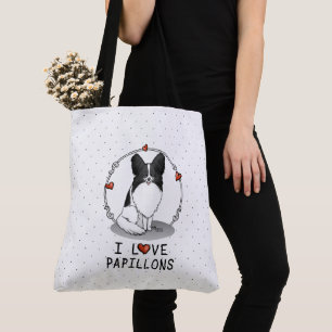 I Love Papillons (white & black) Hearts Dogs Cute Tote Bag