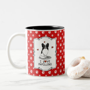 I Love Papillons (white & black) Hearts Dogs Cute Two-Tone Coffee Mug