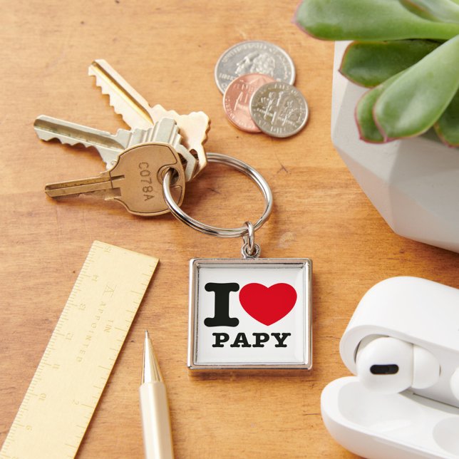 "I Love Papy" Black Typography Saying Red Heart Key Ring (Creator Uploaded)