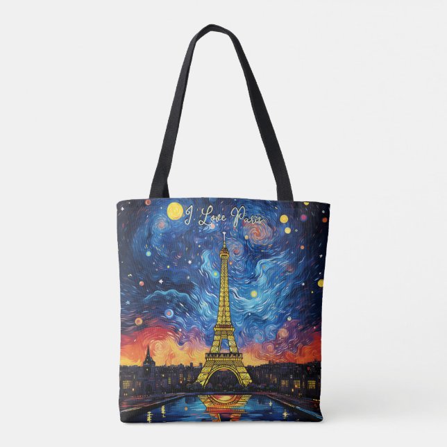 I love Paris Eiffel Tower Illustration Travel Art Tote Bag (Back)