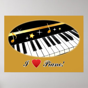 I Love Piano in Gold Poster