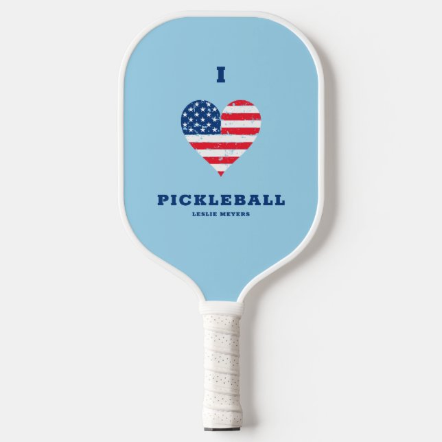 I Love Pickleball American Flag Heart | Name    Pickleball Paddle (Front)
