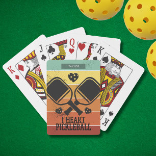 I Love Pickleball Retro Stripes Monogram Name  Playing Cards