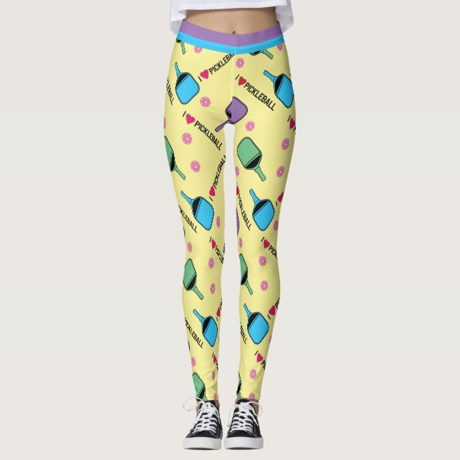 I love Pickleball  yellow (Smaller tile size) Leggings (Front)