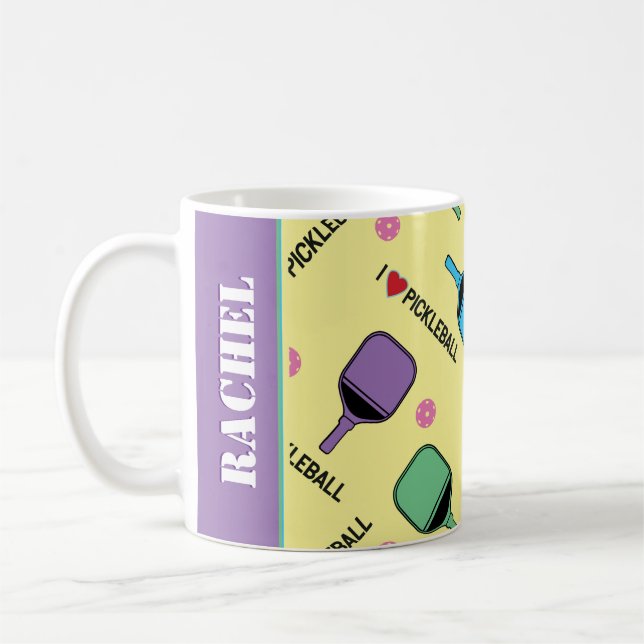 I love pickleballs, with name, yellow coffee mug (Left)