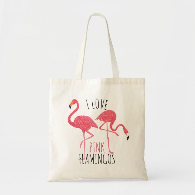 I Love Pink Flamingos Text & Birds Illustration Tote Bag (Front)
