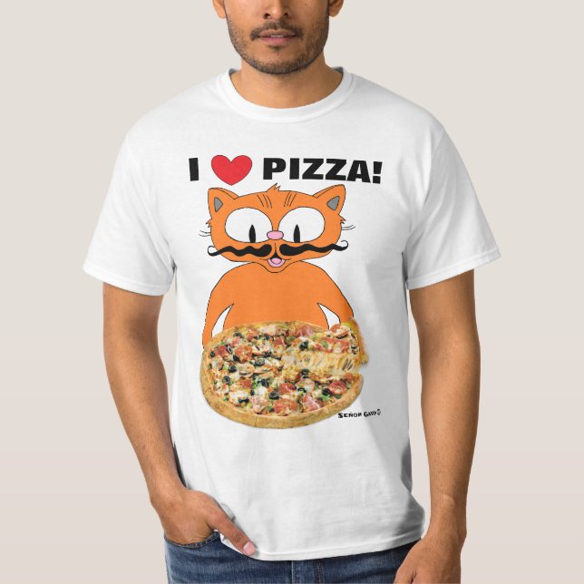 I love pizza! Funny Cute Cartoon Moustache Cat T-Shirt (Front)