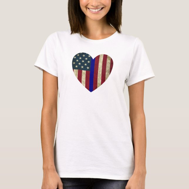 I Love Police Thin Blue Line American Heart Flag T T-Shirt (Front)