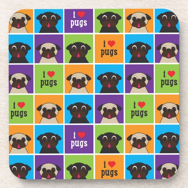 I Love Pugs Colour Squares Coaster Set (Front)
