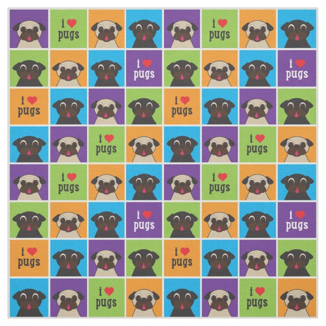 I Love Pugs Colour Squares Large Pattern Fabric (Swatch)