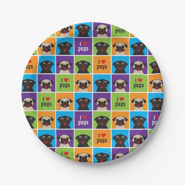 I Love Pugs Colour Squares Party Paper Plate (Front)