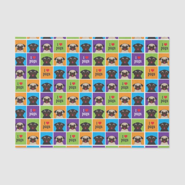 I Love Pugs Colour Squares Tissue Wrap Paper (Front)