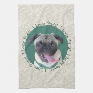 I Love Pugs! Tea Towel