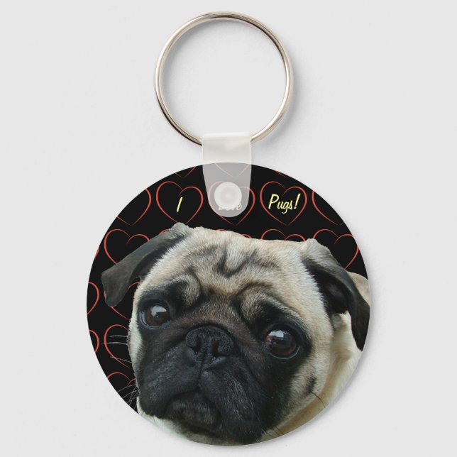 I Love Pugs with Hearts Key Ring (Front)