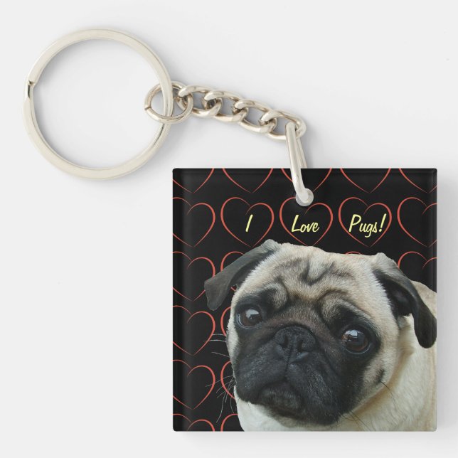 I Love Pugs with Hearts Key Ring (Front)
