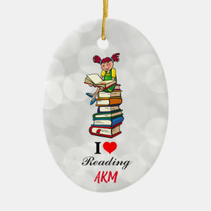 I Love Reading Books Monogrammed Ceramic Ornament