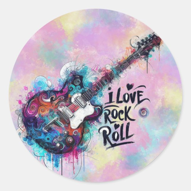 I Love Rock N Roll Electric Guitar Music Art Blue  Classic Round Sticker (Front)