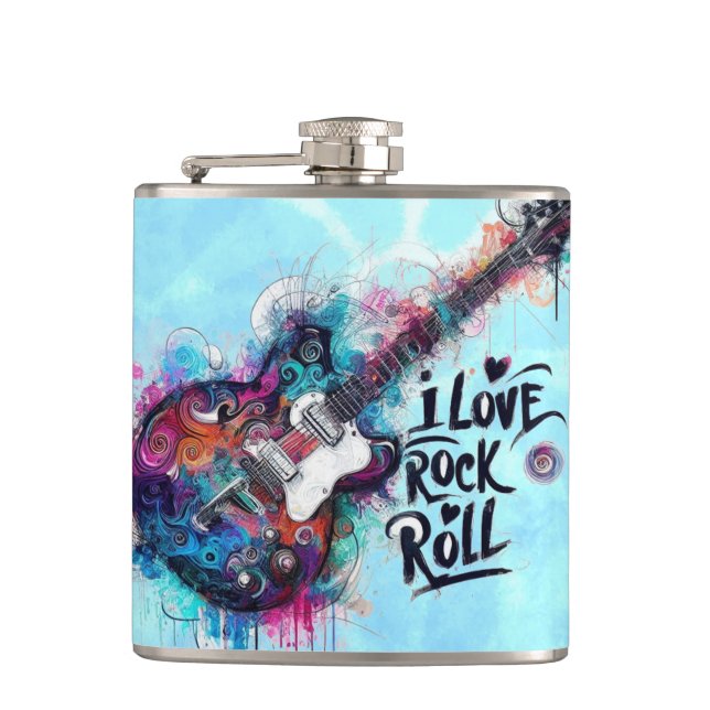 I Love Rock N Roll Electric Guitar Music Art Blue  Hip Flask (Front)